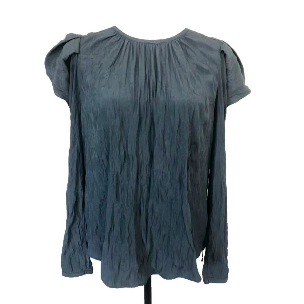 CURRENT AIR Los Angeles Gigot Sleeve Top Sz Small Olive Green Silky Crinkle
